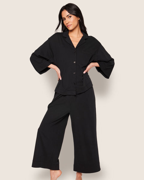 The Olivia Wide Leg Pima Pajama Set in Black by Petite Plume
