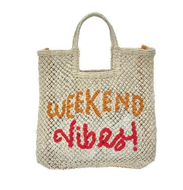 The Jacksons London WEEKEND VIBES In Natural, Aqua And Cobalt Jute Bag