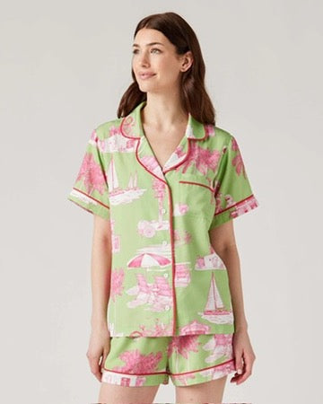 Florida Toile Pajama Shorts Set (Green Pink) by Katie Kime