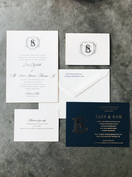 navy-gold-crest-wedding-invitation-calligraphy-monogram