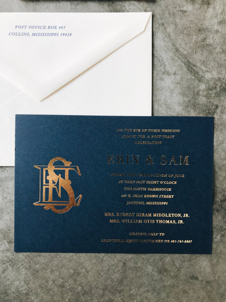 navy-gold-crest-wedding-invitation-calligraphy-monogram