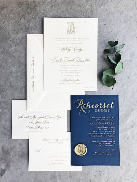 gold-foil-monogram-seal-calligraphy-navy-wedding-invitation