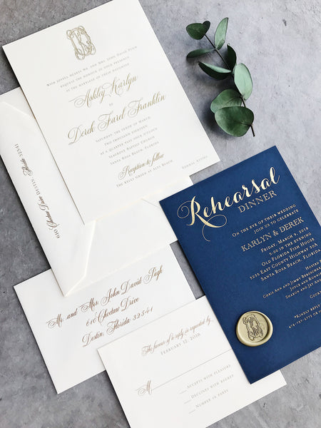 gold-foil-monogram-seal-calligraphy-navy-wedding-invitation