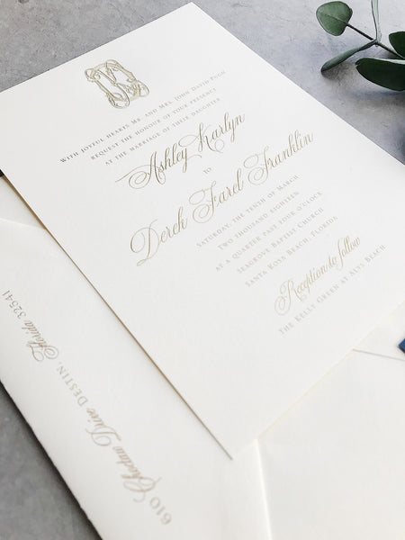 gold-foil-monogram-seal-calligraphy-navy-wedding-invitation