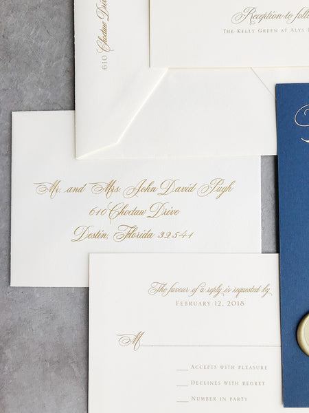 gold-foil-monogram-seal-calligraphy-navy-wedding-invitation