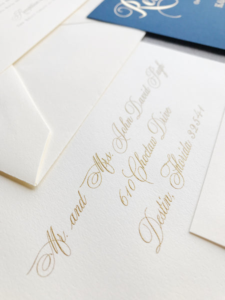 gold-foil-monogram-seal-calligraphy-navy-wedding-invitation