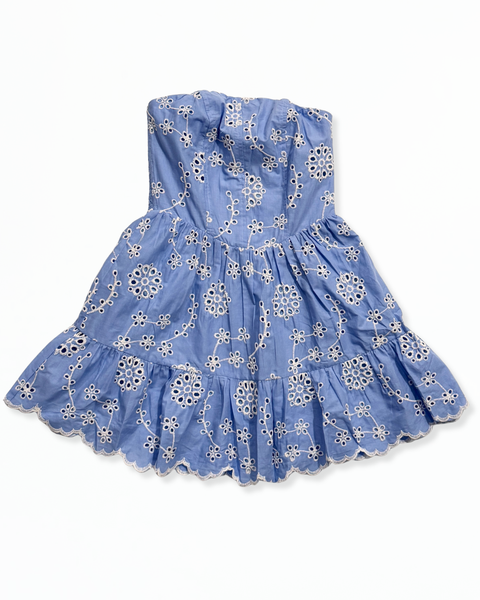 Blue Strapless Mini Dress with White Embroidery