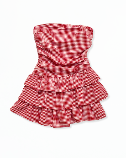Red Strapless Ruched Gingham Dress