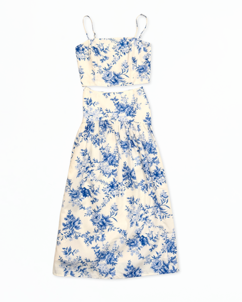 Blue Floral Print Top and Flared Maxi Skirt