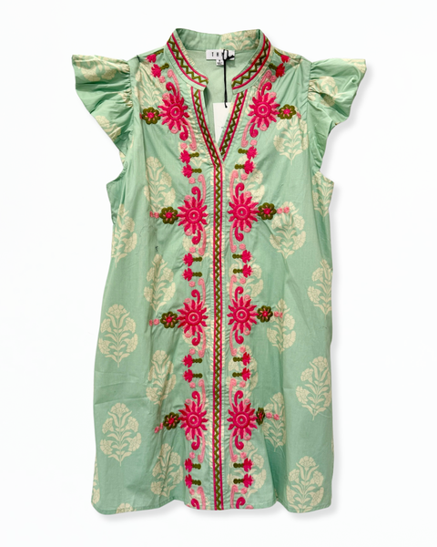 Flutter Sleeve Embroidered Dress Mint