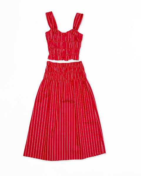 Red Striped Smocked Top and Flowy Midi Skirt
