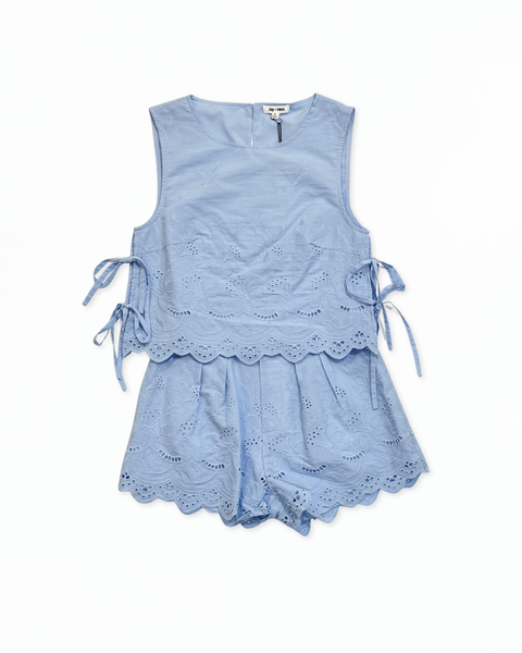 Blue Sleeveless Linen Top and High Waisted Shorts