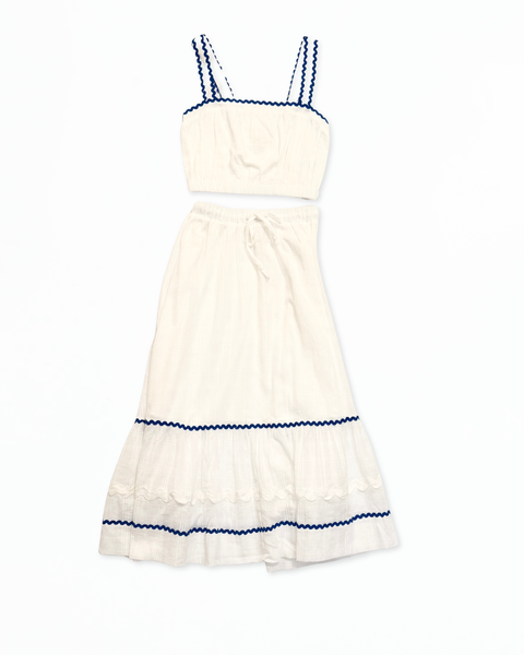 White & Blue Trim Crop Top and Skirt Set - Katerina