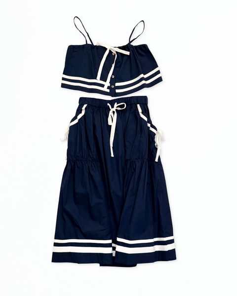 Navy White Trim Crop Top and Skirt Set - Tori