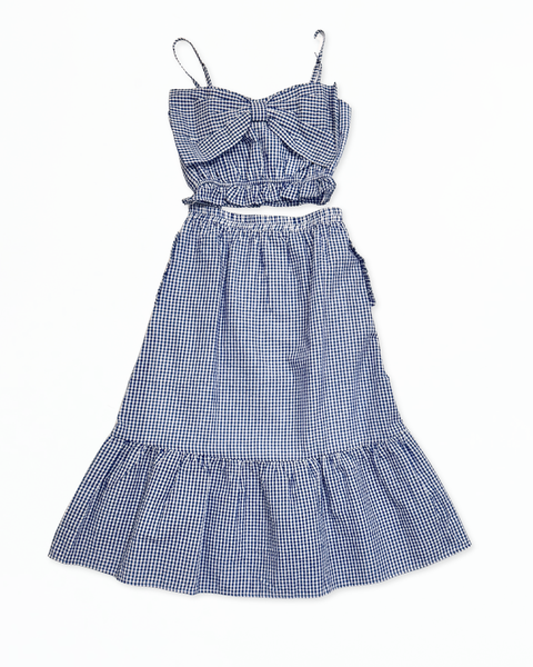Blue Gingham Cropped Ruffle Tank and Midi Skirt Set