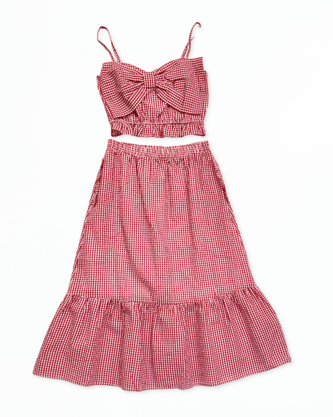 Red Gingham Cropped Ruffle Tank and Midi Skirt Set