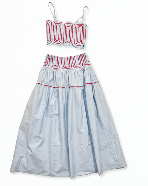 LT. Blue/Red Lace Trimmed Top & Skirt Set