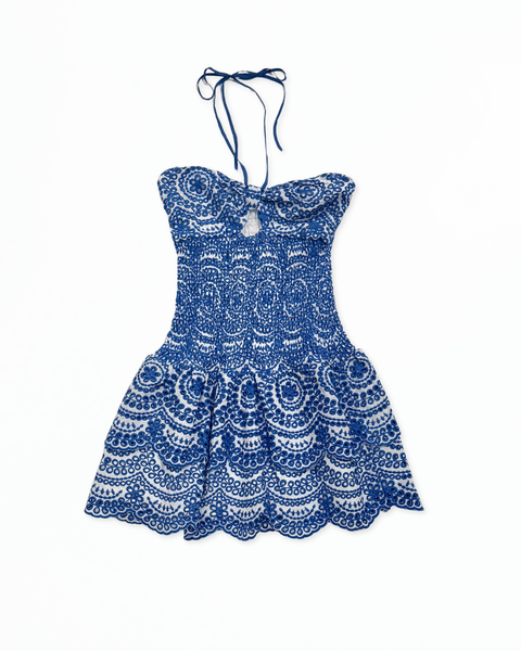 White/Blue Smocked Ruffle Mini Dress