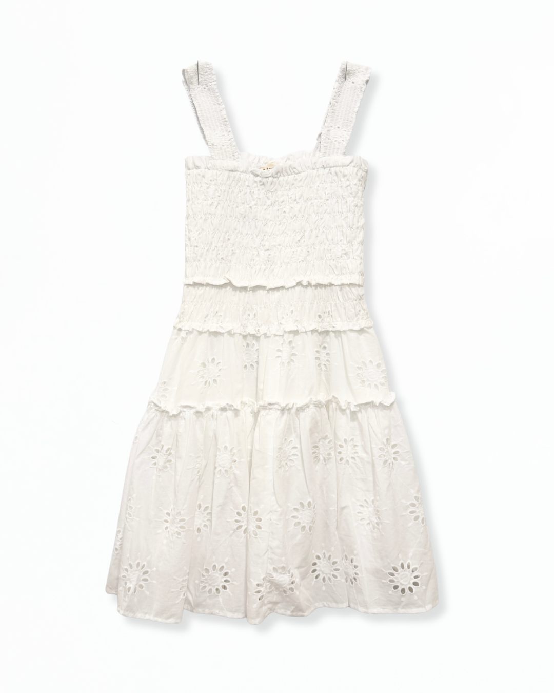 white smocked mini dress Alexie Eyelet COLOR:SMOKE THEMES Team it with strappy ADLEY White Flowy Cotton