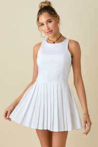 White Round Neck Sleveless Romper Pleated Skort