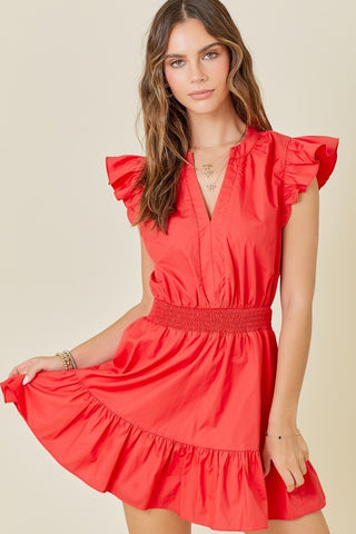 Ruffle Sleeve Smocked Waist Dress - Red