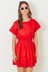 Short Sleeve Elastic Waist Dress - Red