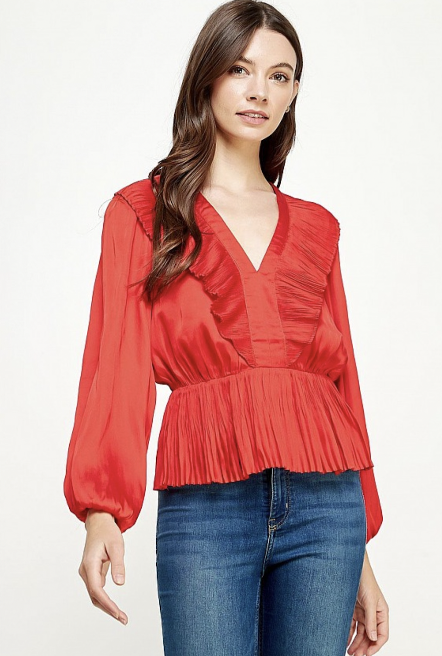 Pleated Satin Ruffle Peplum Top - Red