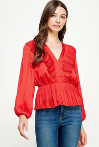Pleated Satin Ruffle Peplum Top - Red