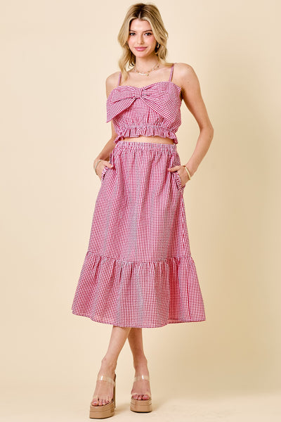 Red Gingham Cropped Ruffle Tank and Midi Skirt Set
