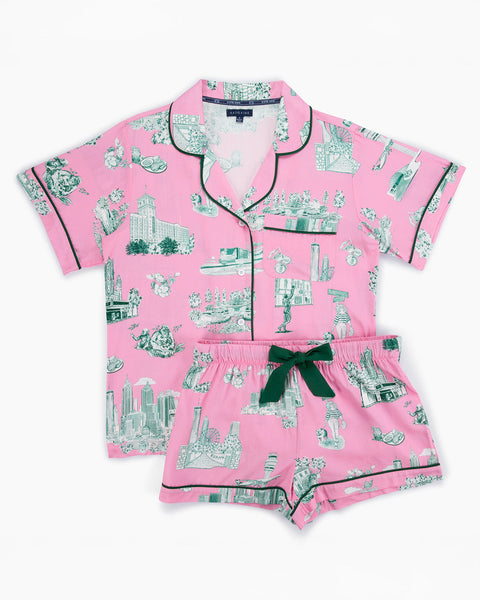 Atlanta Toile Pajama Shorts Set (Pink Green) by Katie Kime