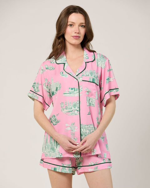 Atlanta Toile Pajama Shorts Set (Pink Green) by Katie Kime