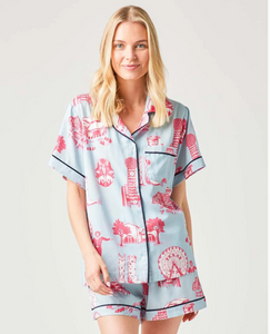 Dallas Toile Shorts Set (blue/pink) by Katie Kime