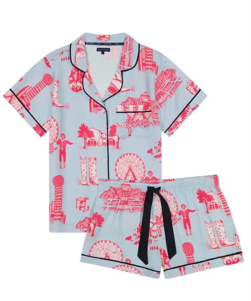 Dallas Toile Shorts Set (blue/pink) by Katie Kime