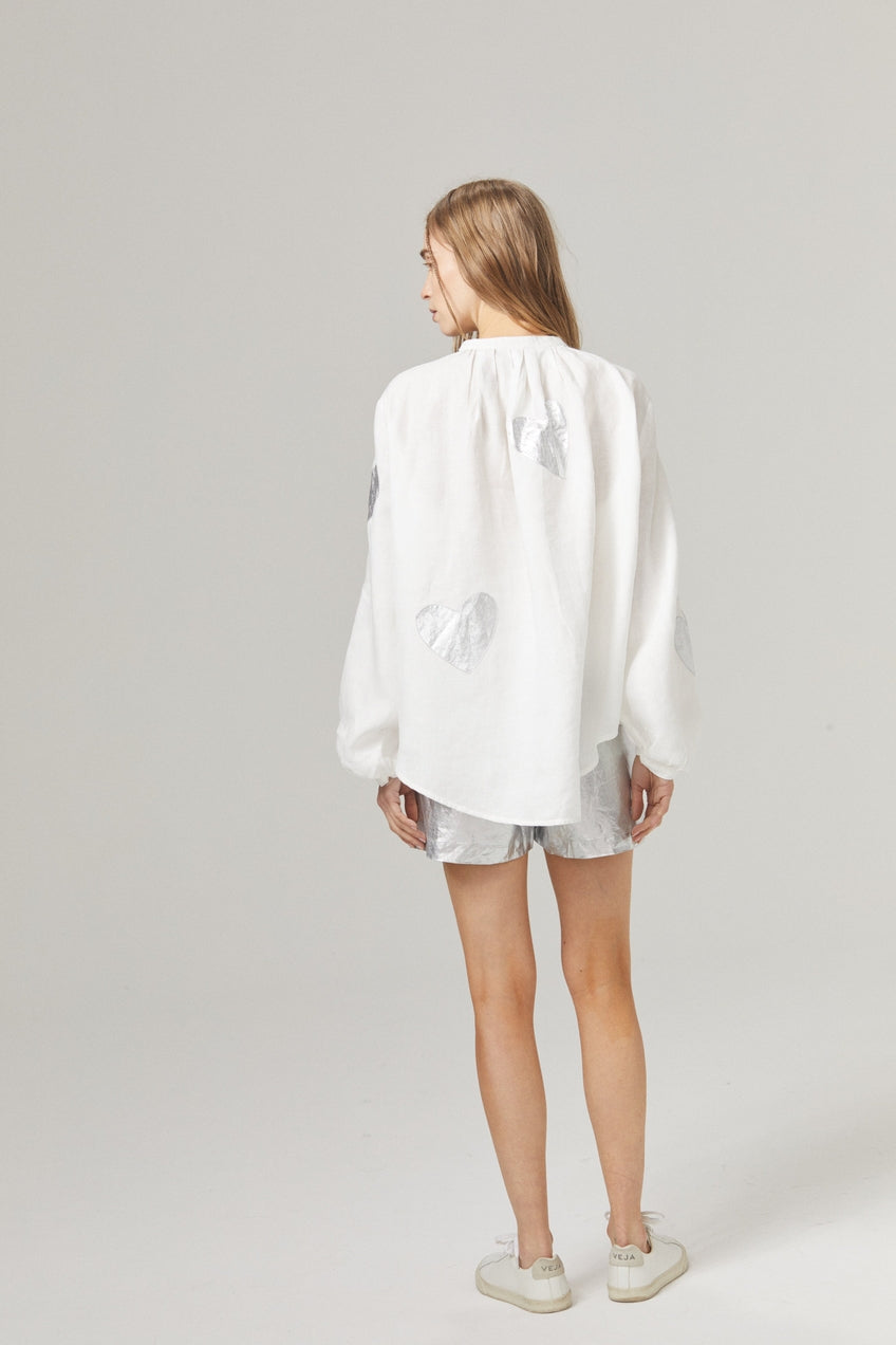 Cupid Linen Shirt - Off-white with Silver Hearts