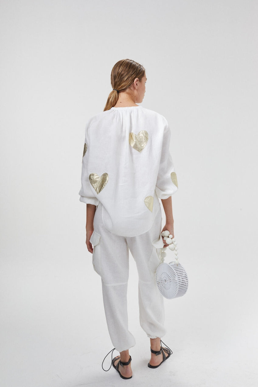 Cupid Linen Shirt - Off-White with Gold Hearts