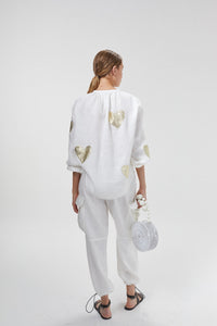 Cupid Linen Shirt - Off-White with Gold Hearts