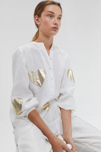 Cupid Linen Shirt - Off-White with Gold Hearts