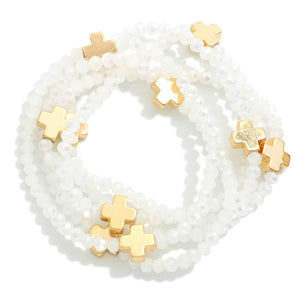 Glass Bead and Cross Stretch Bracelet Set - White