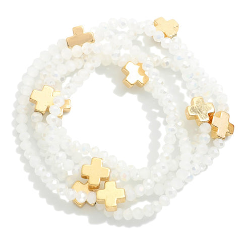 Glass Bead and Cross Stretch Bracelet Set - White