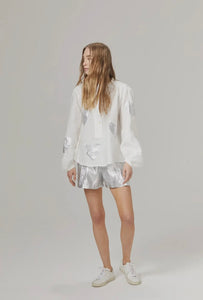 Frida New Silver Metallic Linen Shorts