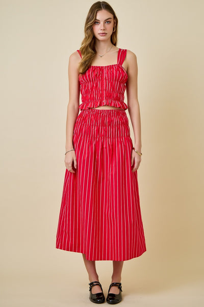 Red Striped Smocked Top and Flowy Midi Skirt