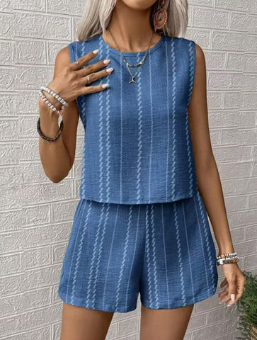 Casual Striped Sleeveless Tank And Shorts Set