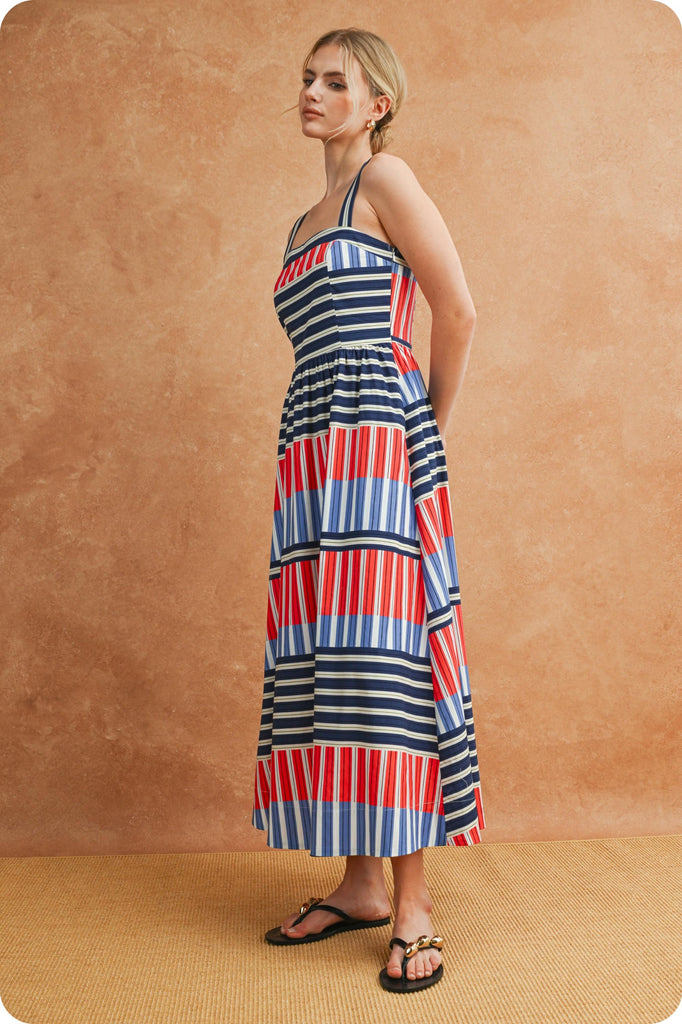 Navy/Red Striped Midi Dress