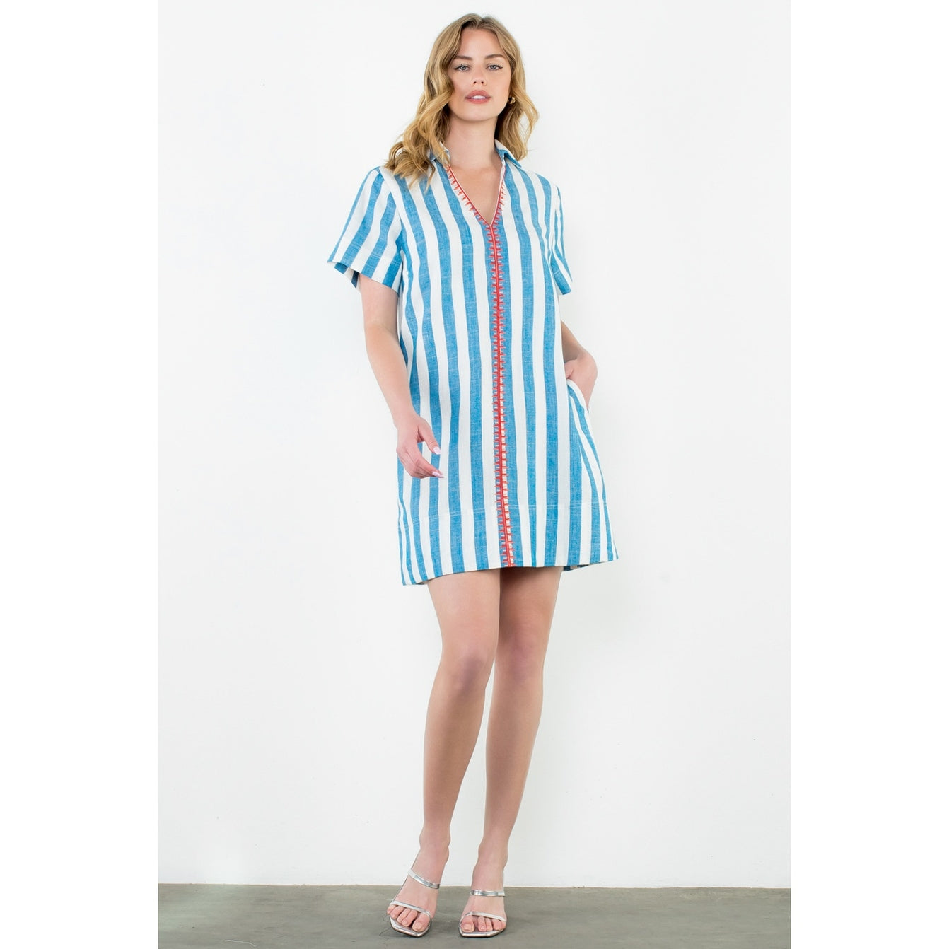 Short Sleeve Blue Striped Dress