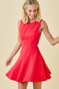 Washed Red Sleeveless Denim Dress Flared W/ Raw Edge Hem