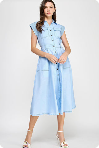 Chambray Linen Dress W/ Top-Stitching Panel Details