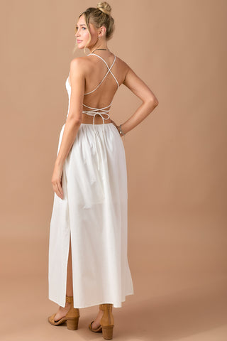 White Smocked Lace Up Back Apron Style Maxi Dress