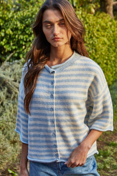 Kelsey Quarter Sleeve Cardigan Sweater - Light Blue Ivory