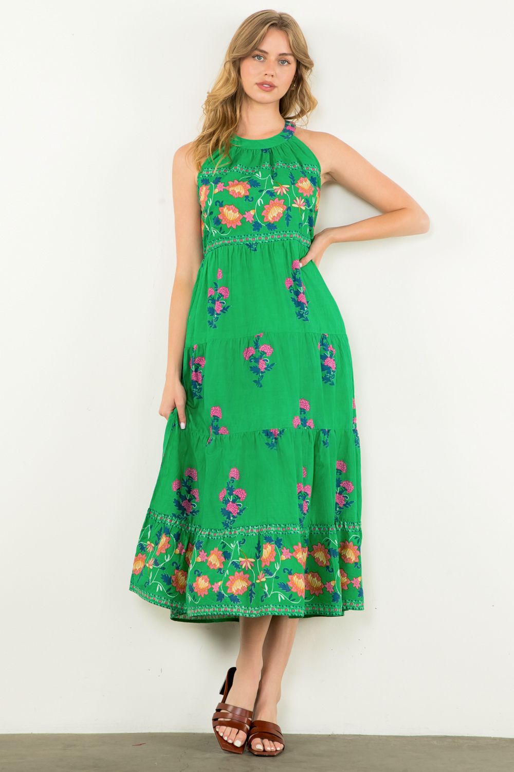 Green Floral Round Neckline Dress