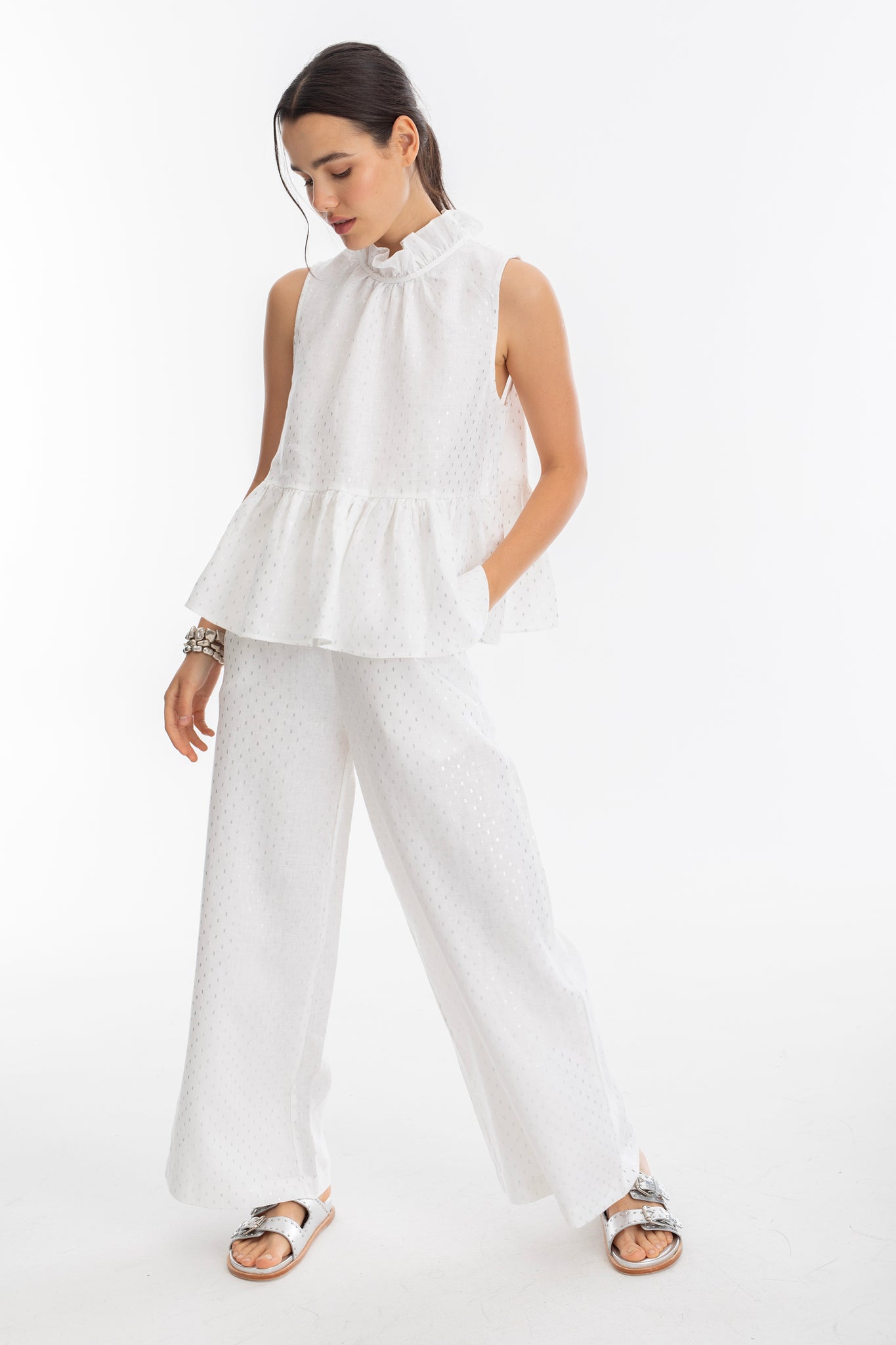 Cape Linen Pants - White with Silver Foil Print by Lanhtropy